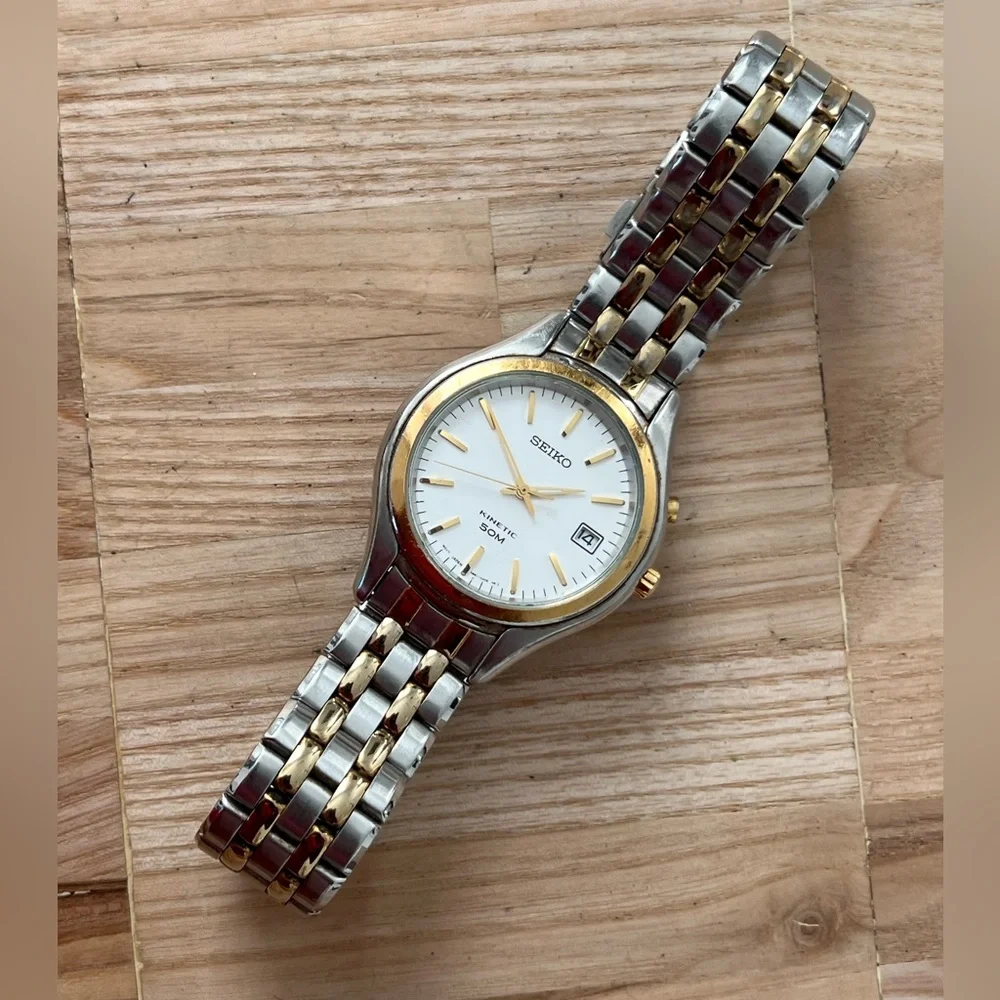 Seiko Kinetic Automatic Men’s Watch Two-Tone Bracelet Case White Dial Date